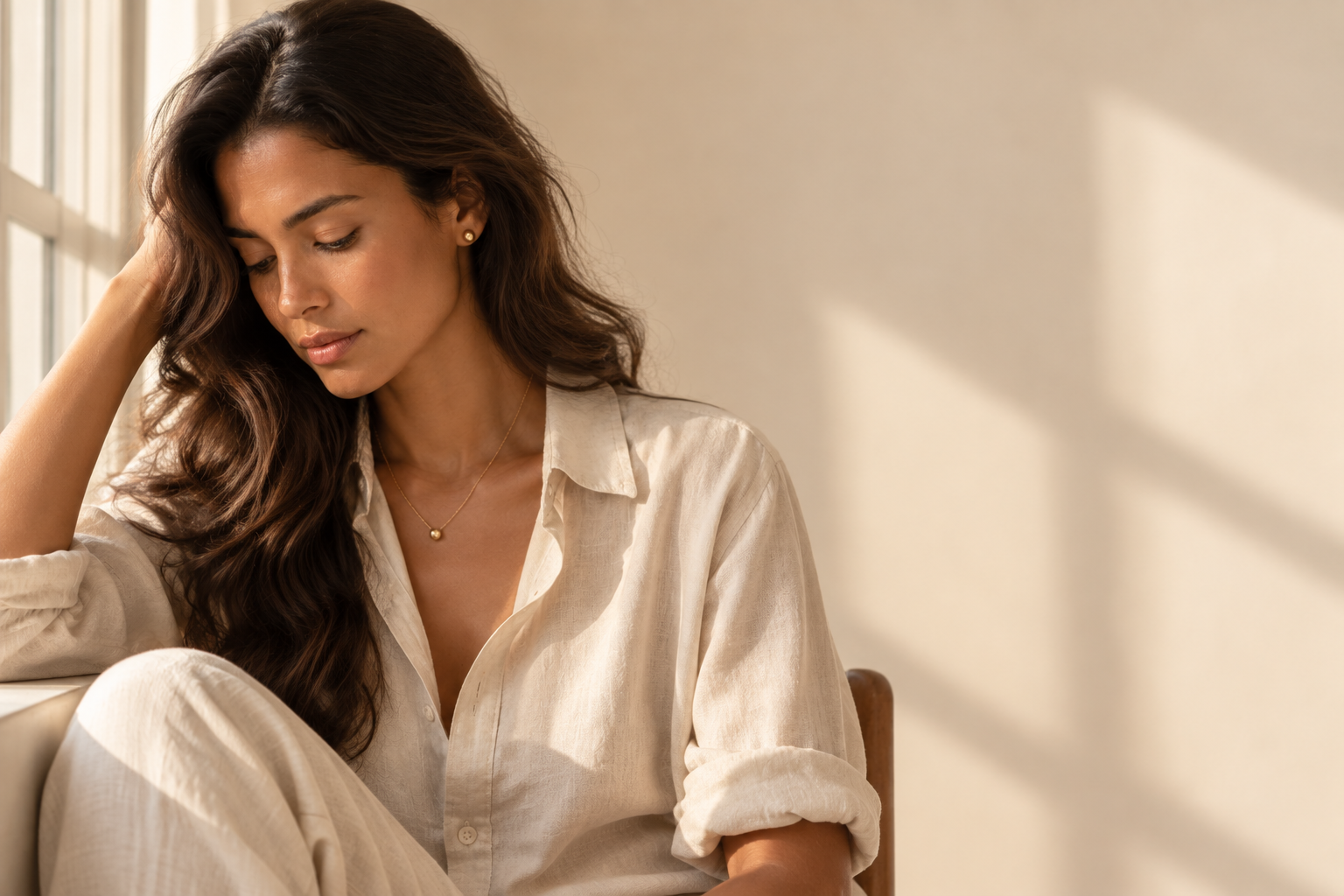 Mulher sentada junto à janela usando colar de ouro, luz natural suave